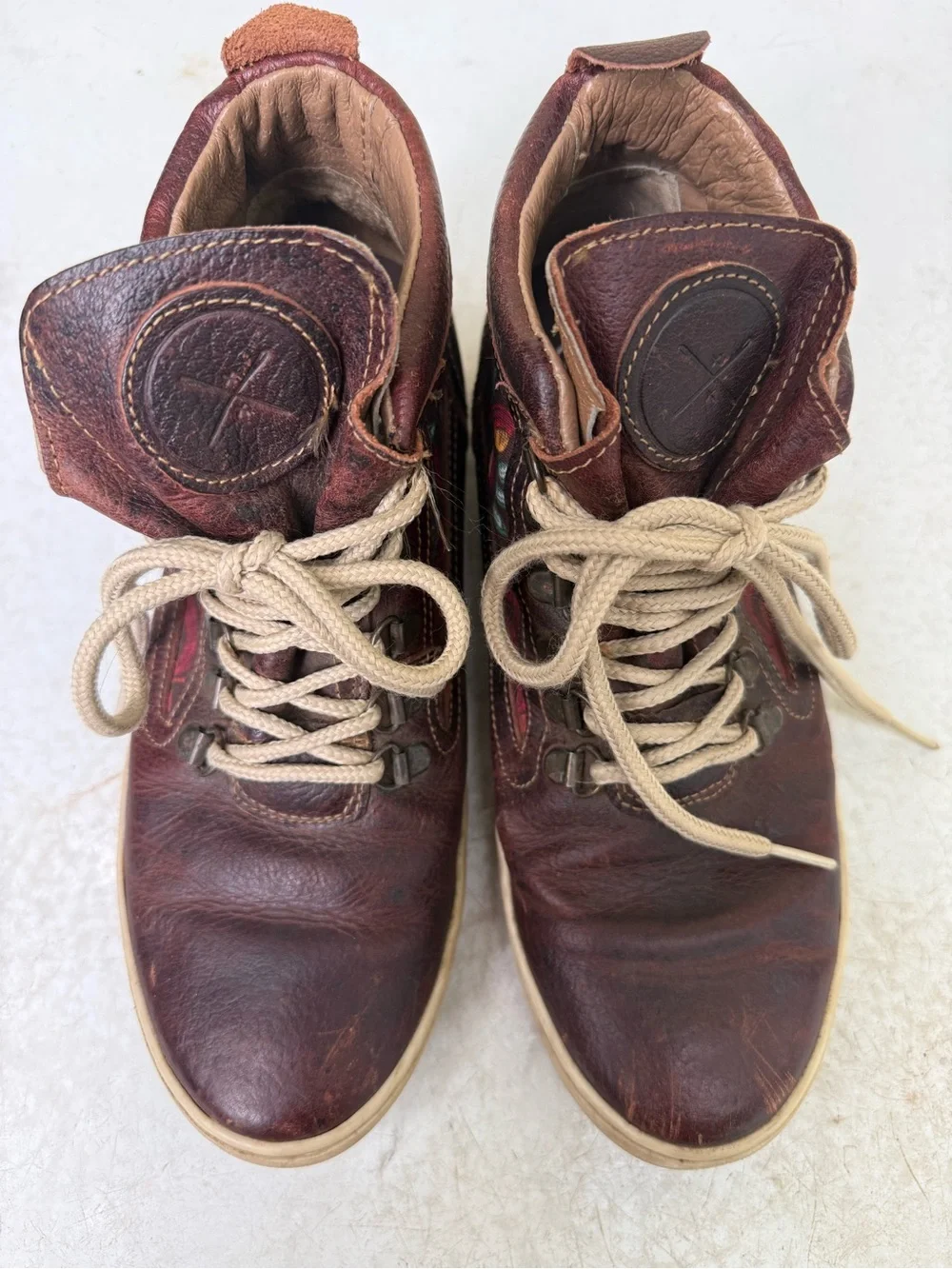 inkkas Tan & Brown Leather High-Top Sneakers w Rooster Floral Burning Man Hippy